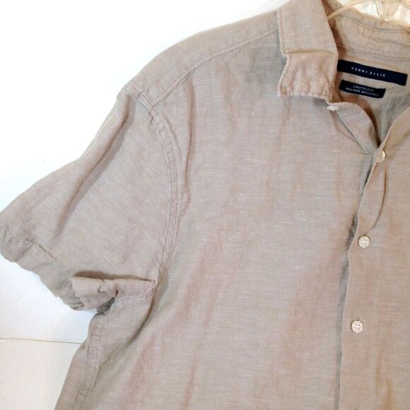 Perry Ellis Linen Blend Short Sleeve Button Up Shirt Tan Mens Size Large L - Picture 2 of 8